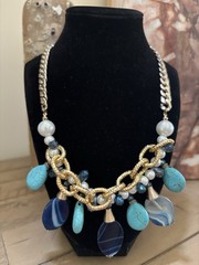 Vintage Statement Necklace Goldtone W Glass, Stones, Acrylic & Faux Pearls