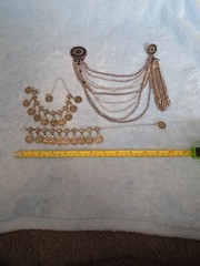 Vintage Bohemian Silver-Toned Coin Bracelet Anklet Dangle Charm ADJ. & Broach.