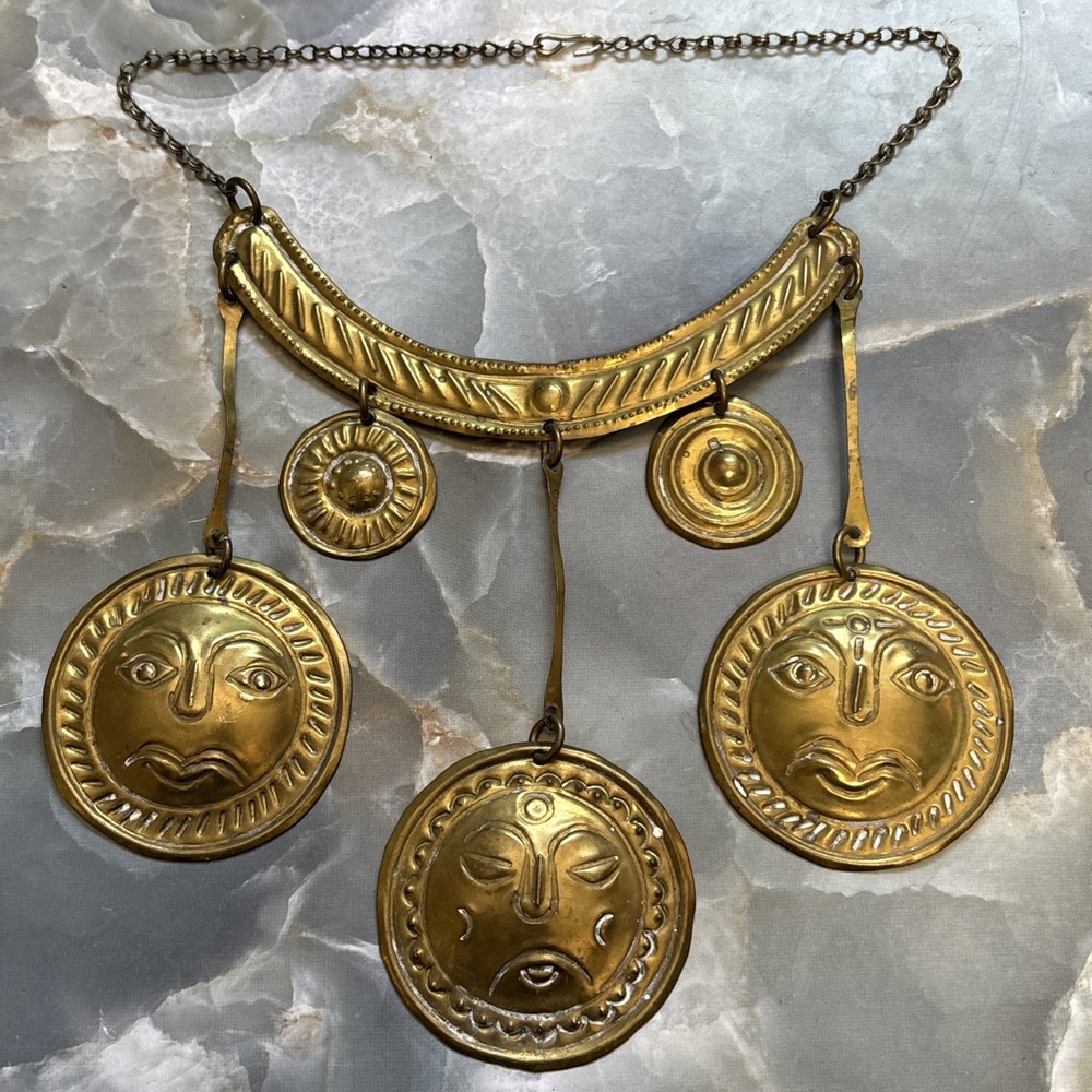 Vintage 60s Brass Sun Face Medallion Necklace Boho Tribal Festival Statement