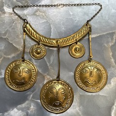 Vintage 60s Brass Sun Face Medallion Necklace Boho Tribal Festival Statement