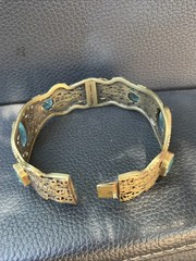 Vintage Brass Cuff Bracelet Blue Stones and Fine Filigree Design