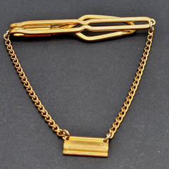 Retro Brass Open Metal Slide Bar with Draping Chain Plaque Vtg Tie Clip Clasp