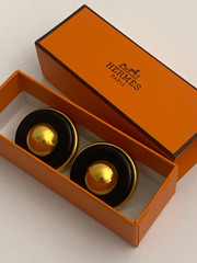HERMES Paris Clip Earrings Black Leather Gold Tone Statement Signed Designer VTG