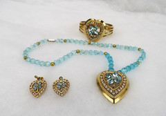 Vintage Earrings, Bracelet & Necklace Set signed Anthony Blue Beads, Large Heart
