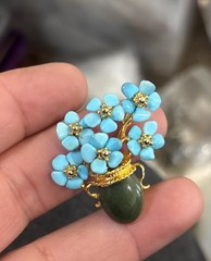 AUTHENTIC SWOBODA FLOWER VASE BROOCH ~ GENUINE, Turquoise Jade ~WOW!