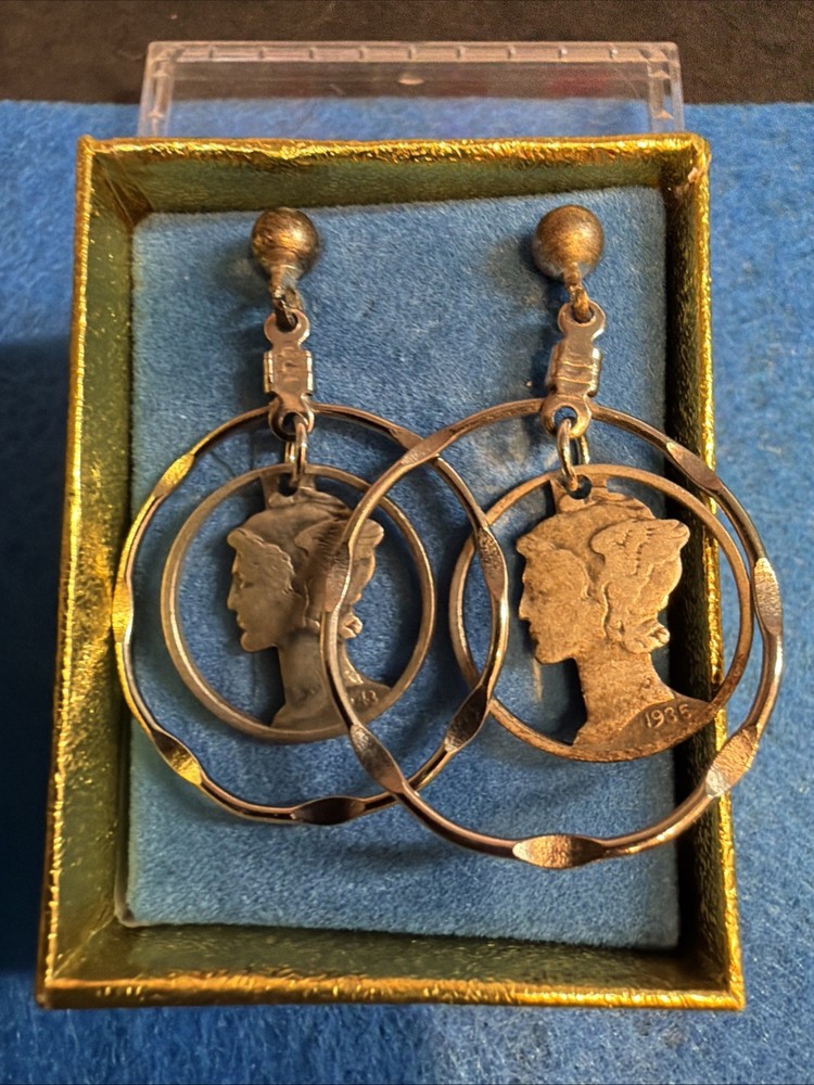 Estate Vintage Silver Pierced Double Hoop Mercury Dime cut out earrings 1935@43