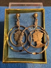 Estate Vintage Silver Pierced Double Hoop Mercury Dime cut out earrings 1935@43