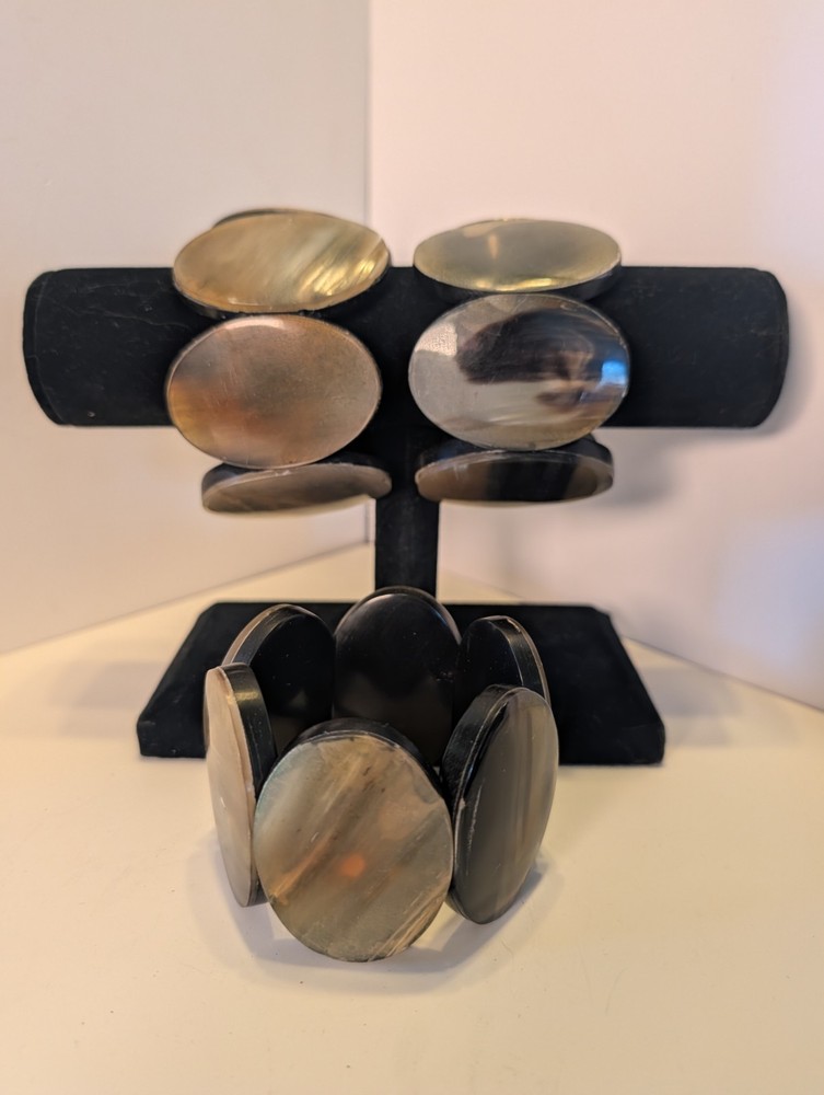 Three Polished Buffalo Horn Oval Panel Stretch Bracelet Chunky Bangles