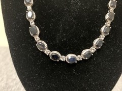 Vintage Sterling Onyx Cabochon & Cubic Zirconia Link 16” Tennis Necklace