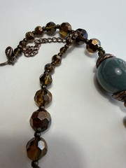 Vintage Necklace Large Blue Green Ceramic Beads, Crystal, Copper Findings 27”