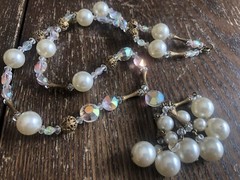 Vintage Gold Clear Ab Crystal Faux Pearl Filigree Brass Tassel Drop Necklace
