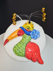 Big Vtg Signed Painted Ceramic Bird Brooch