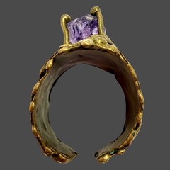 Vtg Brazilian Ernandes Brutalist Brass Ring w/ Raw Amethyst Adjustable 8 – 11
