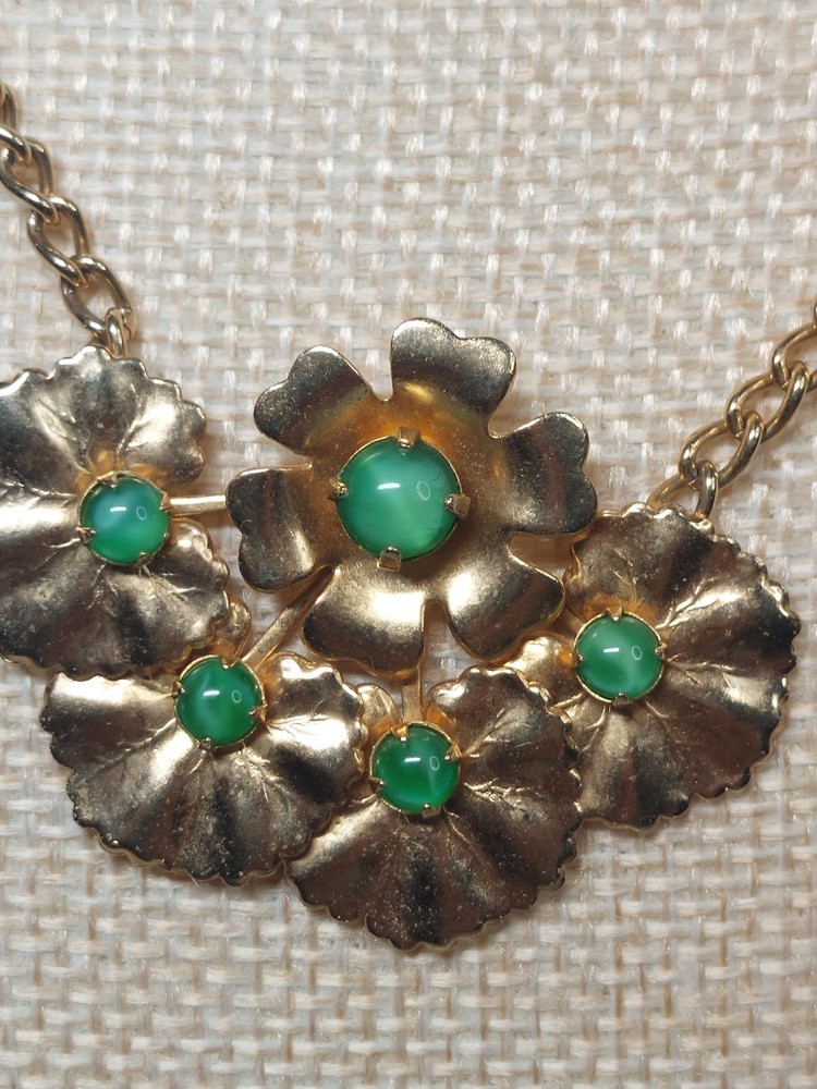 Vintage Gold Tone Floral Necklace Green Faux Jade MCM 1950s 1960s Jewelry Retro