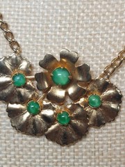 Vintage Gold Tone Floral Necklace Green Faux Jade MCM 1950s 1960s Jewelry Retro