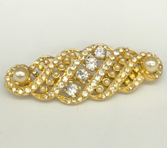 Vintage Brooch Clear Rhinestones Faux Pearls Gold Tone Swirls 2.5 Inches