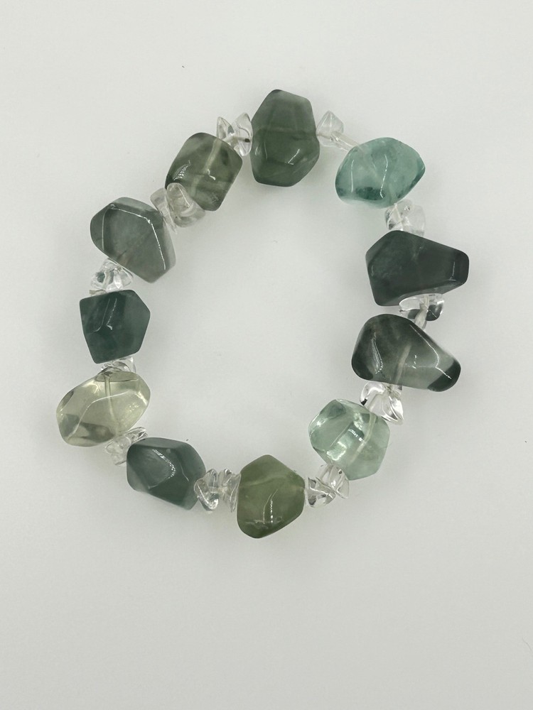 Natural Fluorite Gemstone Stretch Bracelet with Clear Quartz Chips 7.5in