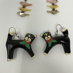 Vintage Animal Novelty Dangle Earrings Set of 3 Black Cat, Pig Hoops, Birds