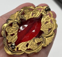 Vintage Large Red Glass Ornamental Brass Setting Brooch Missing Pin READ