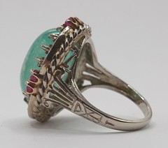 Vintage 14k gold, ruby & diamond accented, 15ct cabochon emerald ring, size 5.50