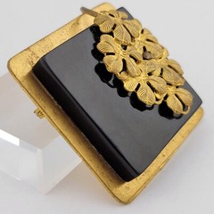 Antique Art Nouveau Gold over Brass Flower Black Glass Statement Runway Brooch