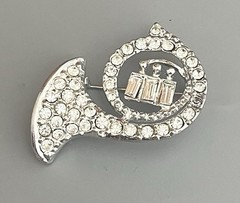 Vintage French Horn Brooch Musical Instrument Clear Rhinestones Silver Tone