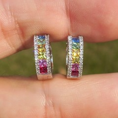 Fabulous 14k Solid White Gold Natural Rainbow Sapphire Diamond Hoop Earrings