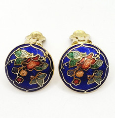 Cloisonné Small Butterfly & Flowers Round Blue Enamel Gold Tone Clip On Earrings