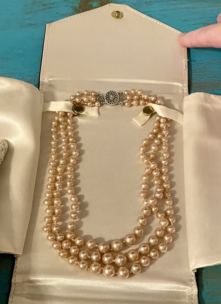 Vintage Champagne Glass Pearls Sterling Silver Clasp Graduating 3-Row Necklace