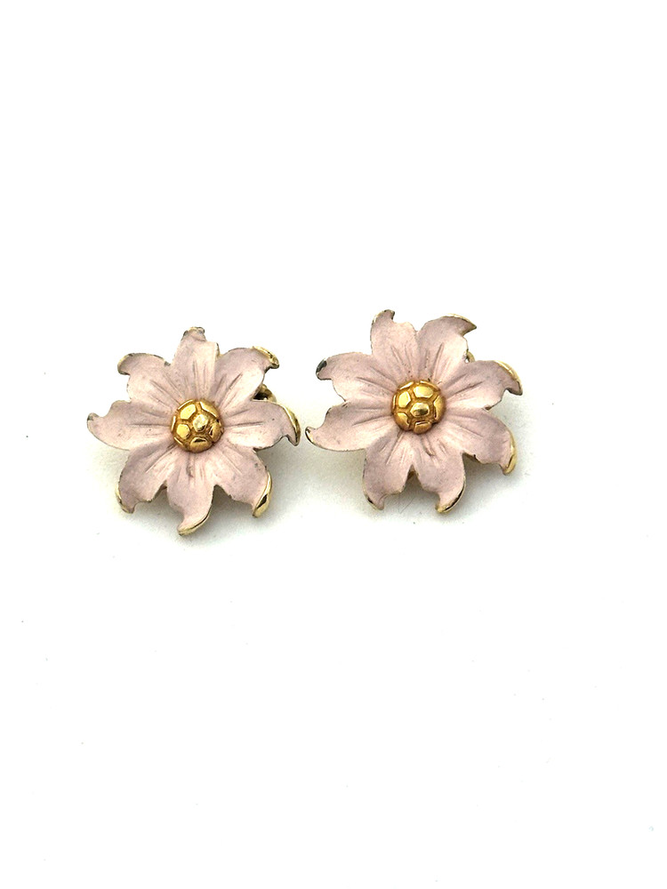 Vintage pink enamel flower earrings gold-tone clip on Garden Party Coquette