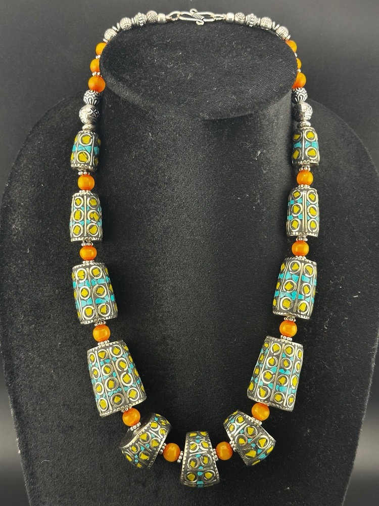 Beautiful Turquoise, Amber Howlite Tibetan Nepal Tube Vintage Handmade Necklace