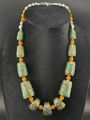 Beautiful Turquoise, Amber Howlite Tibetan Nepal Tube Vintage Handmade Necklace