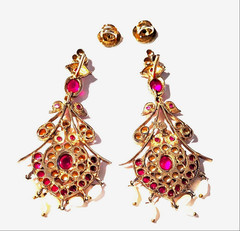 Vintage Chunky Gold Plated Kundan Wedding Earrings Simulated Ruby & River Pearls