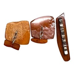Old Amber Tie Clasp Clip Cufflinks Sterling Vtg Baltic Honey Stone Butterscotch