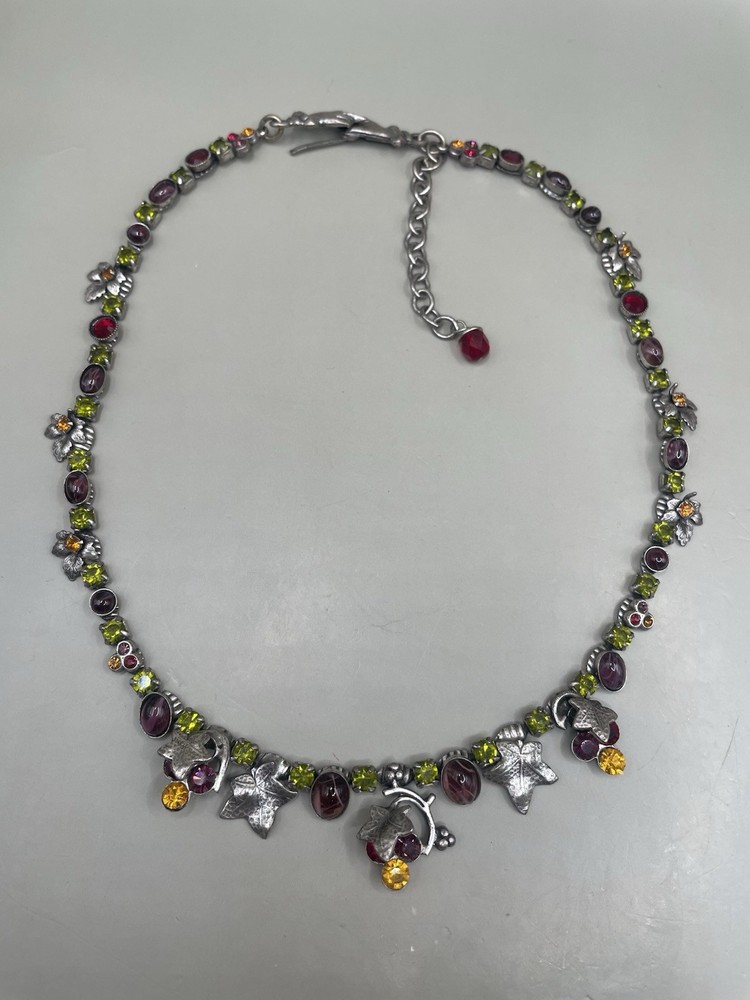 VTG Mary Demarco Multicolor Crystals Rhinestones SilverTone Leaves Necklace