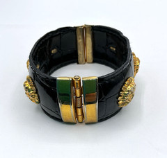 Vintage Black Patent Leather Gold Tone Medusa Accents Hinged Clamper Bracelet