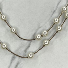 Faux Pearl Beaded Double Strand Gold Tone Necklace