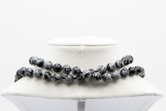 Vintage Snowflake Obsidian Bead Necklace Long Knotted Black Gray Stone Strand