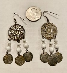 Metal & White Bead Dangle Earrings