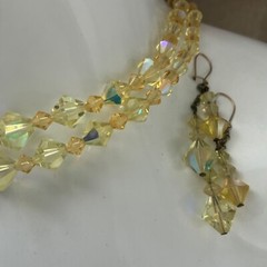 Vintage Yellow Aurora Borealis Crystal Necklace and Dangle Earrings Set