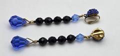 Blue And Black Faceted Glass Teardrop Earrings Gold Tone 3.5 In Dangle Clip-On
