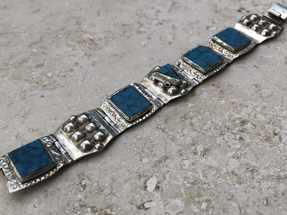 ✨🏜️VTG STAMPED TAXCO STERLING SILVER Turquoise Panel STATEMENT Bracelet Estate