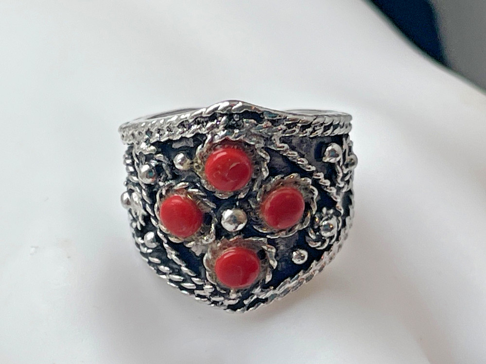 Vintage silver tone braided southwestern Orange coral ring intricate fits 5 6