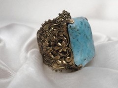 Vintage Large Statement Ring Brass Filigree Setting Blue Peking Glass Adjustable