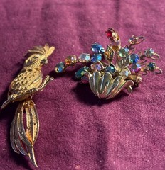 Lot Of Two: Vtg Hobe Parrot, Rhinestone Basket Flower Brooches