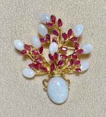 AUTHENTIC SWOBODA FLOWER VASE BROOCH ~ GENUINE OPAL, RUBY ~ GORGEOUS!