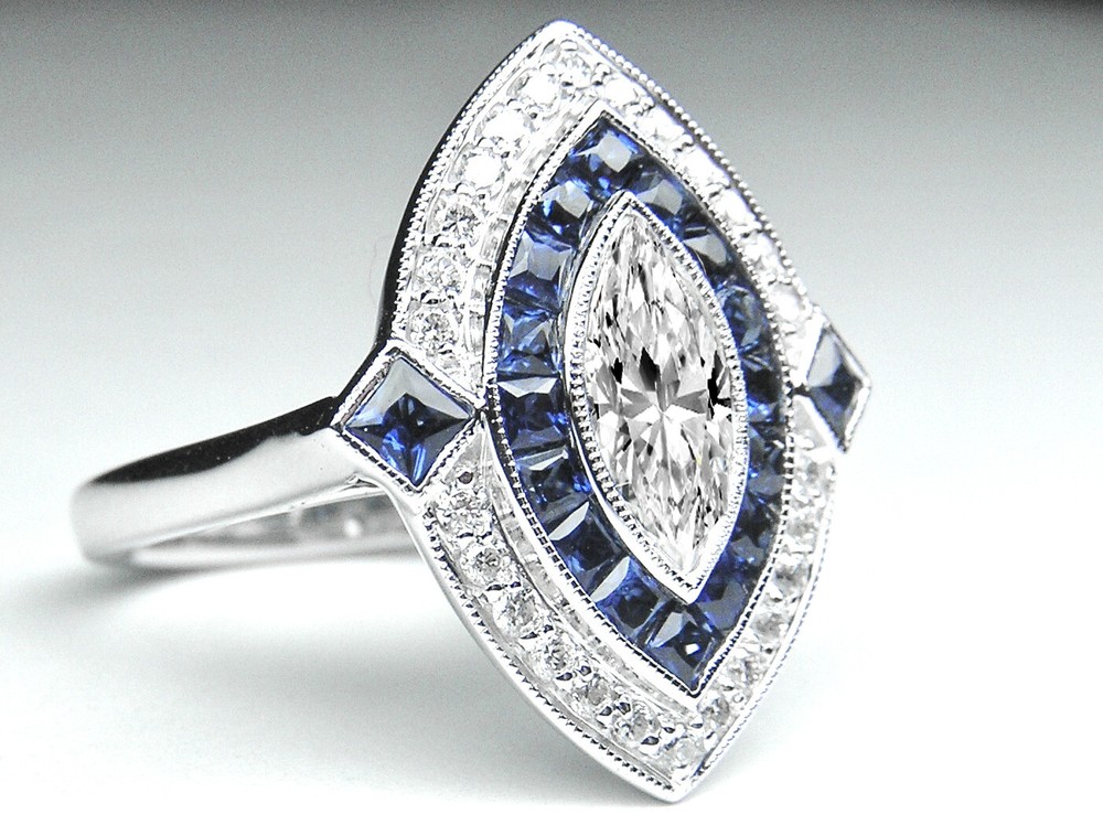1Ct White Marquise Cut Art Deco Halo Engagement Wedding Ring 925 Sterling Silver