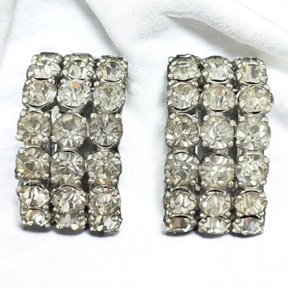 VTG Clear Rhinestone Triple Row Half Hoop Clip On Earrings Silver Tone 1″ J-Hoop