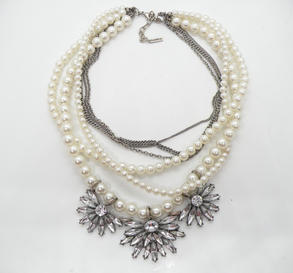 Sugarfix by Baublebar Faux Pearl Multistrand Silver Chunky Pendant Necklace 65b9