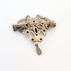 Antique Art Nouveau Silvertone Brooch Pin Purple Rhinestone Trombone Clasp 1900s